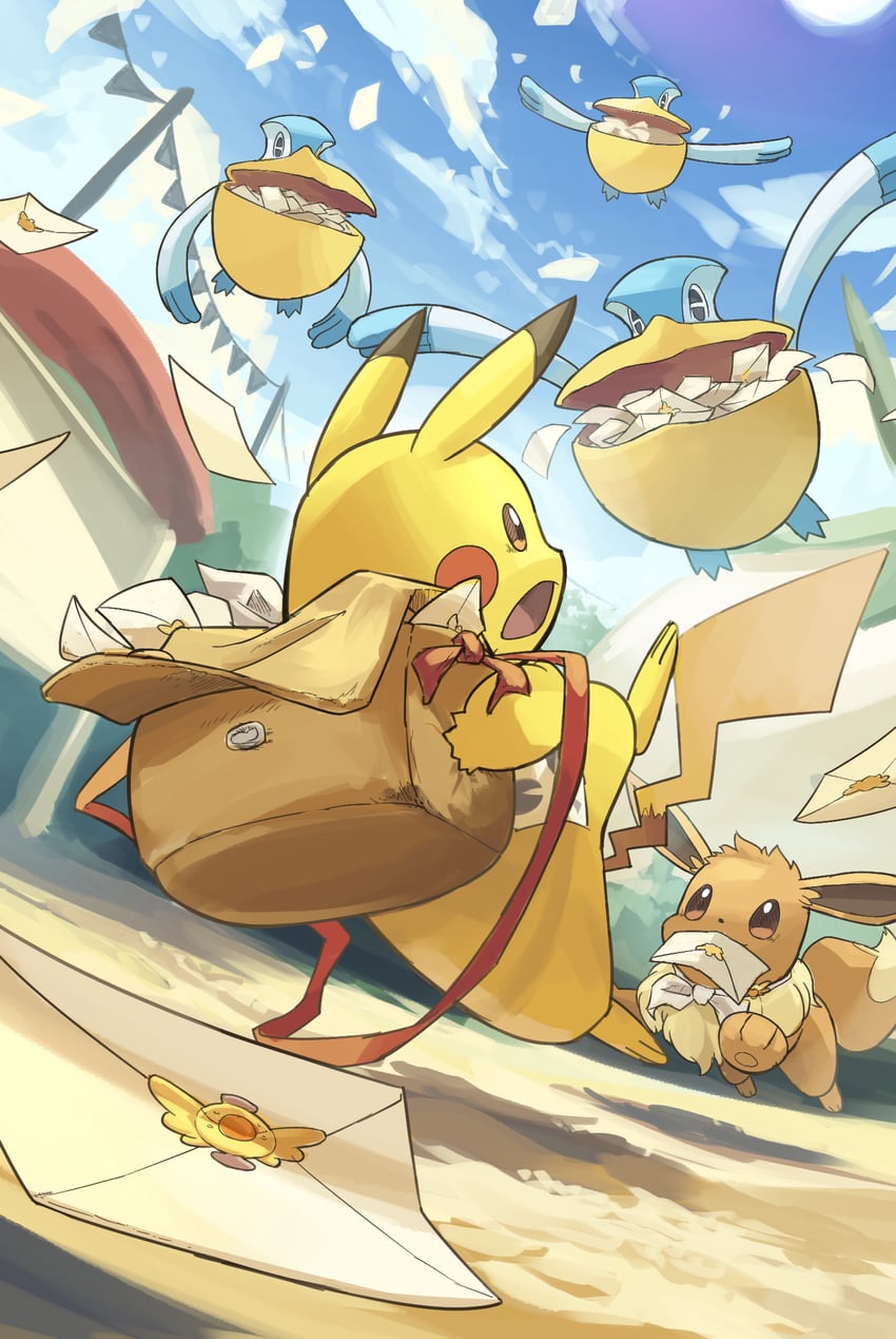 pikachu, eevee, and pelipper (pokemon and 1 more) drawn by yamaori_(hakkentai_pokedan)