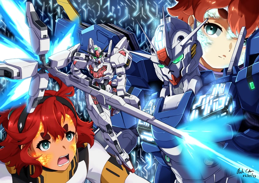 suletta mercury, ericht samaya, gundam calibarn, gundam aerial rebuild, and ichinose kana (gundam and 1 more) drawn by innovator123