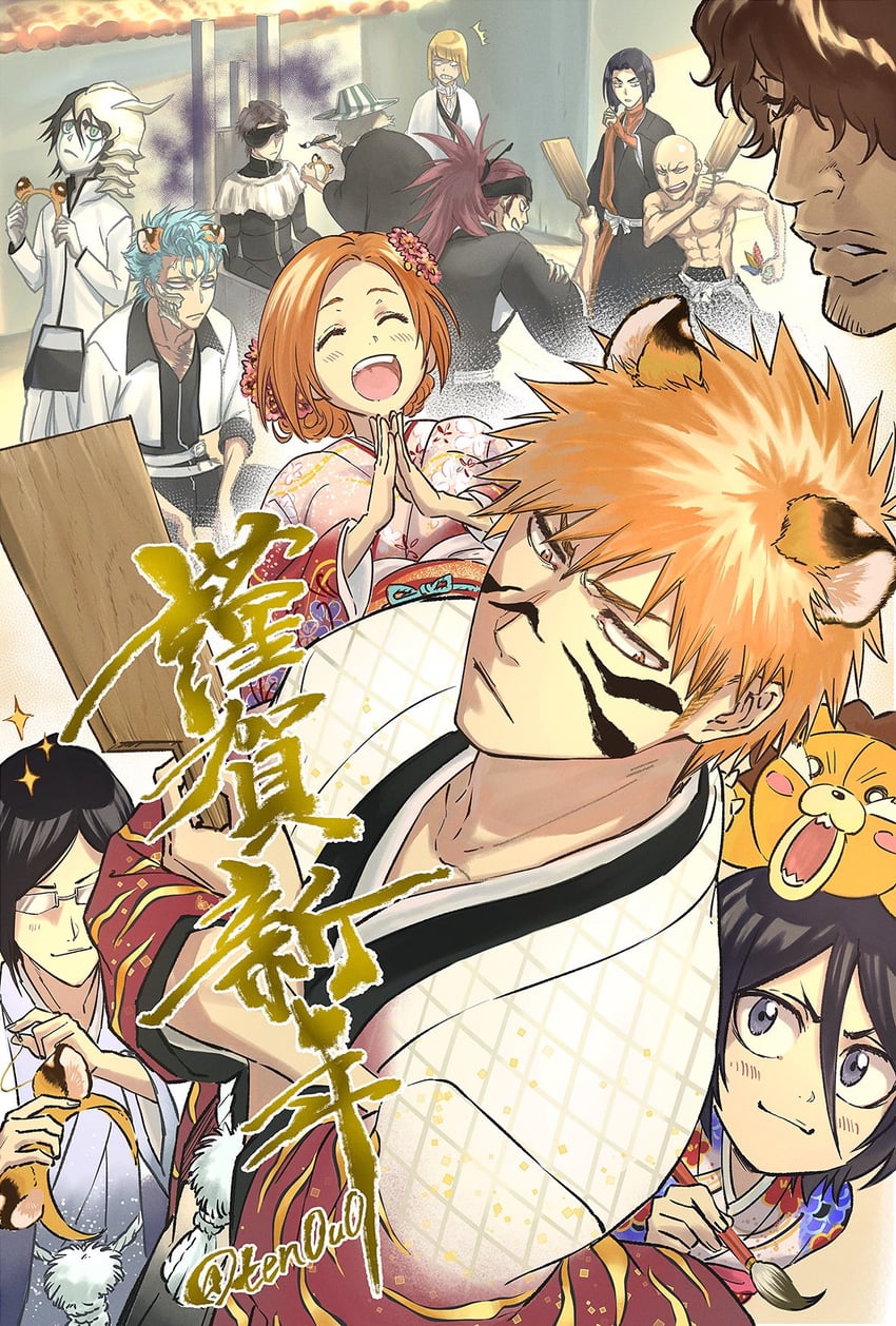 kuchiki rukia, inoue orihime, kurosaki ichigo, grimmjow jaegerjaquez, ulquiorra cifer, and 9 more (bleach) drawn by ten0u0