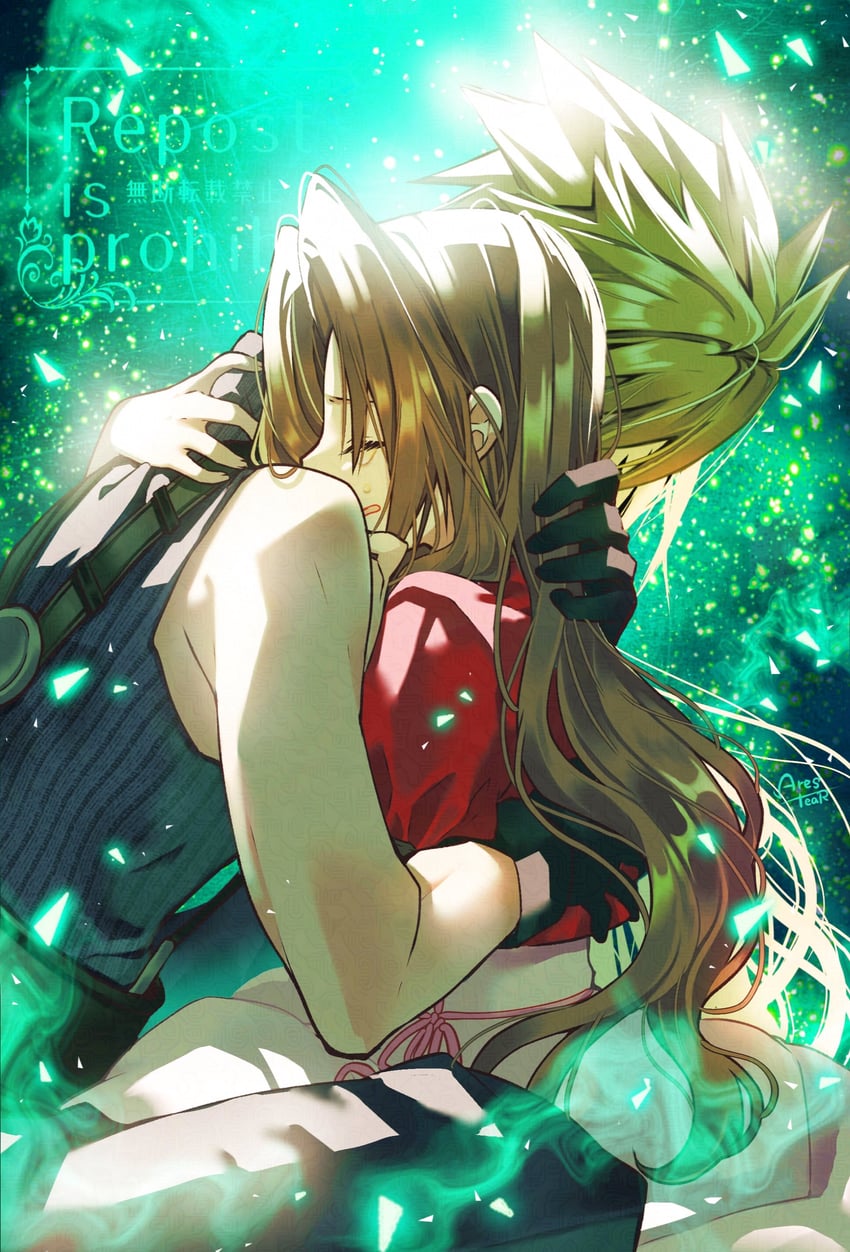 cloud strife and aerith gainsborough (final fantasy and 3 more) drawn by arestear0701