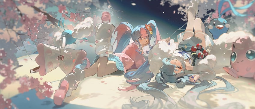 hatsune miku, jigglypuff, altaria, swablu, fairy miku, and 1 more (pokemon and 2 more) drawn by toto_(caaaaarrot)