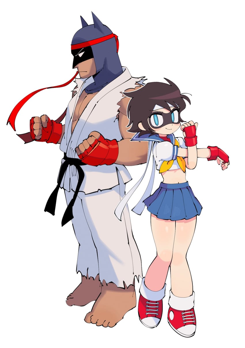 ryu, kasugano sakura, batman, and robin (street fighter and 2 more) drawn by batrobin_k