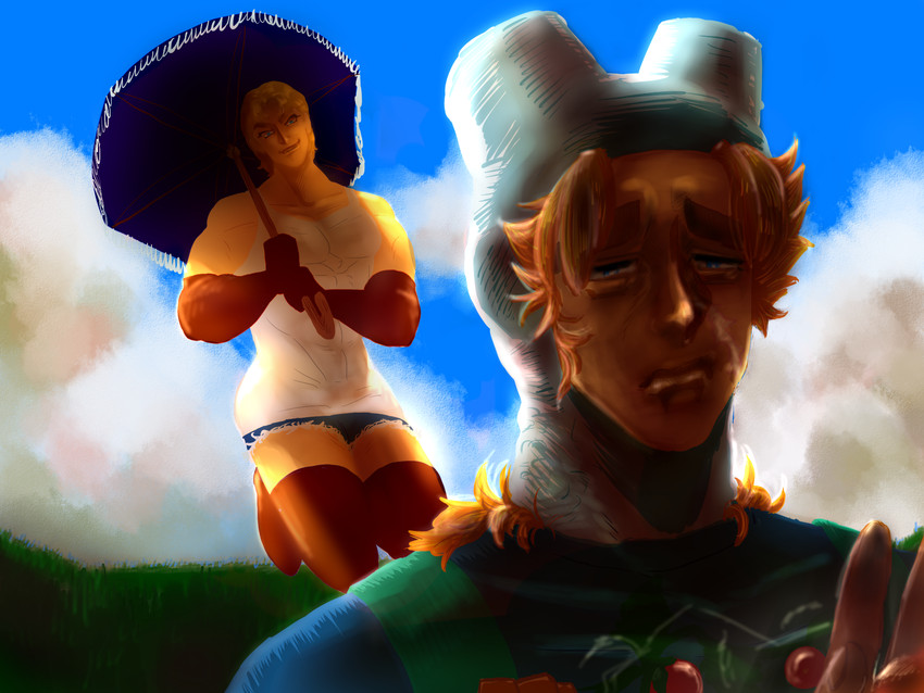 dio brando, marceline abadeer, robert e. o. speedwagon, and finn the human (jojo no kimyou na bouken and 2 more) drawn by bigajurk
