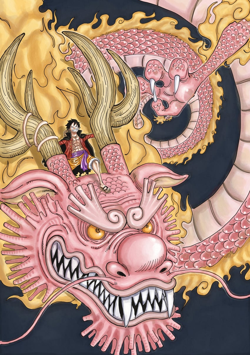 monkey d. luffy and kouzuki momonosuke (one piece) drawn by jaralloart