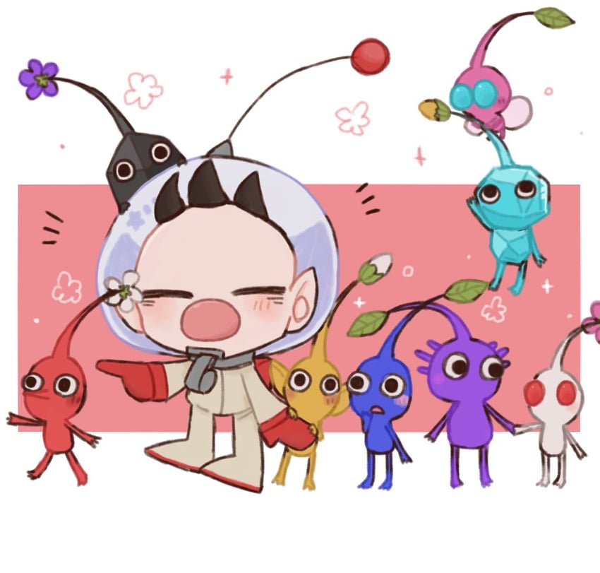 red pikmin, olimar, yellow pikmin, blue pikmin, purple pikmin, and 4 more (pikmin) drawn by sai_(repeated_1)