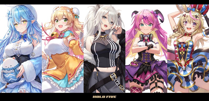 yukihana lamy, shishiro botan, omaru polka, momosuzu nene, and mano aloe (hololive) drawn by guchico