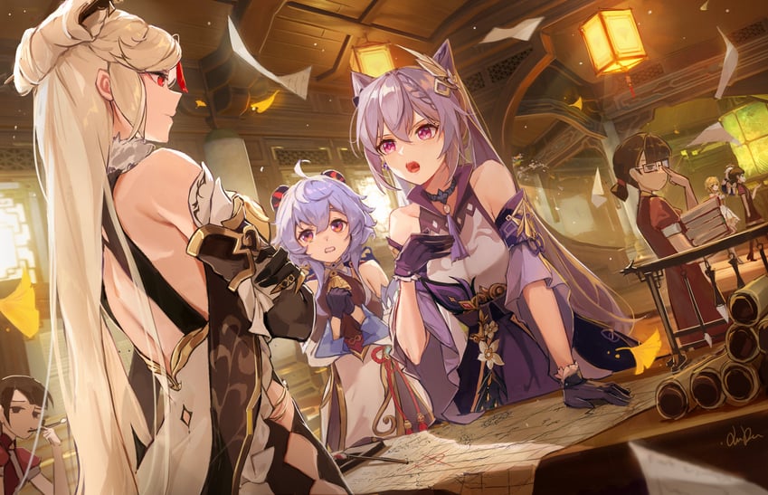 ganyu, lumine, keqing, paimon, and ningguang (genshin impact) drawn by xude