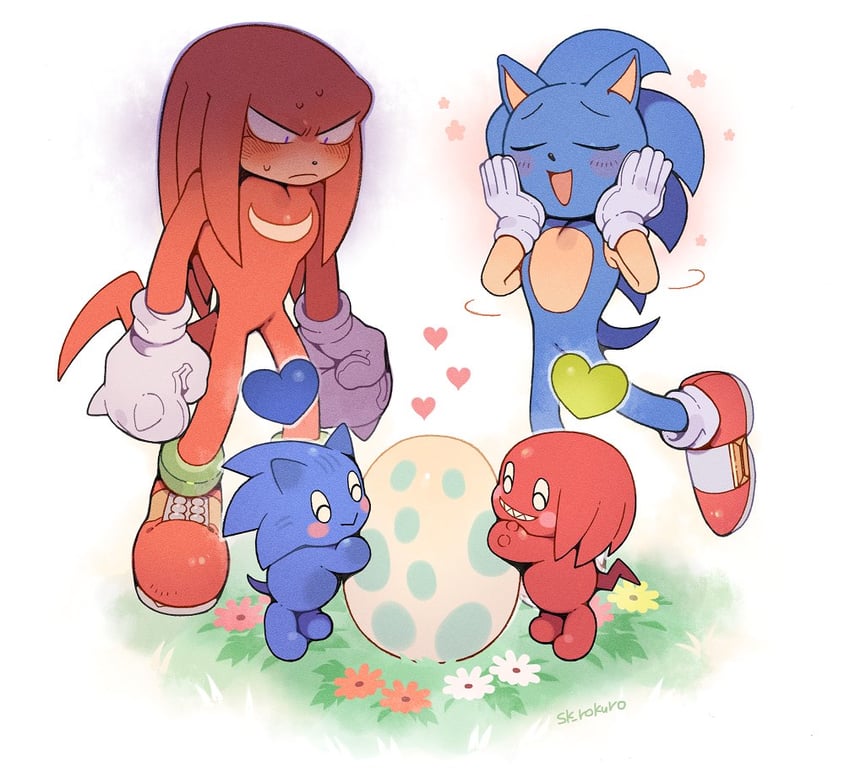 sonic the hedgehog, knuckles the echidna, neutral chao, sonic chao, and knuckles chao (sonic and 1 more) drawn by sk_rokuro