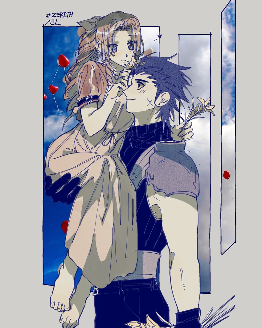 aerith gainsborough and zack fair (final fantasy and 1 more) drawn by nul