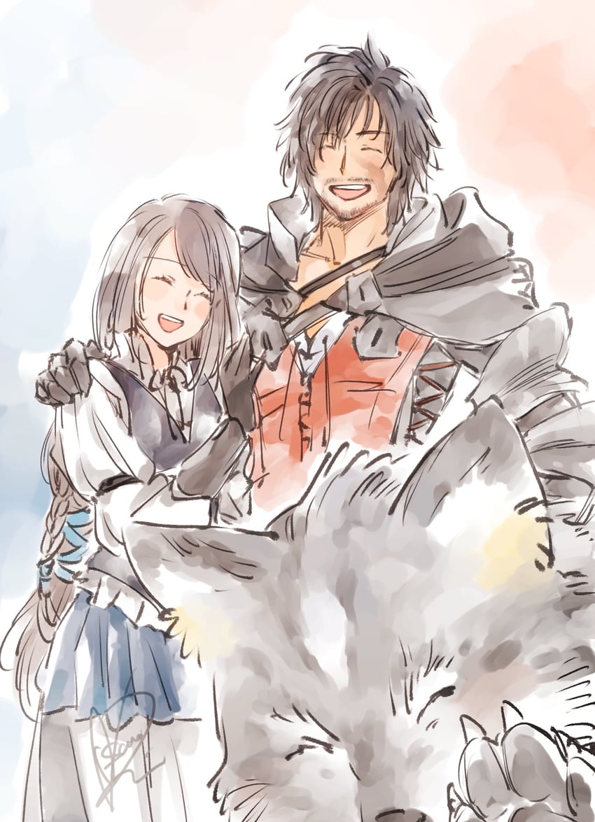 clive rosfield, jill warrick, and torgal (final fantasy and 1 more) drawn by rin_asano