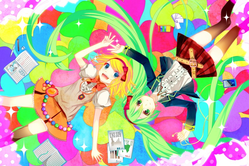 hatsune miku and kagamine rin (vocaloid) drawn by temari_(deae)