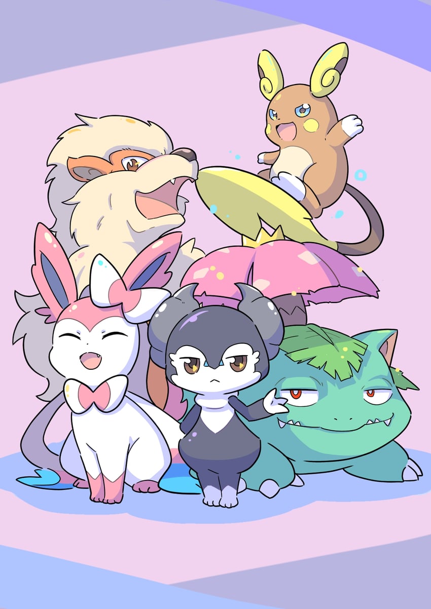 sylveon, venusaur, arcanine, alolan raichu, and indeedee (pokemon) drawn by rgurei0529