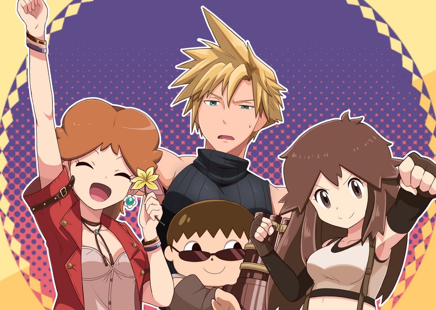 tifa lockhart, cloud strife, aerith gainsborough, leaf, princess daisy, and 2 more (pokemon and 7 more) drawn by saon101