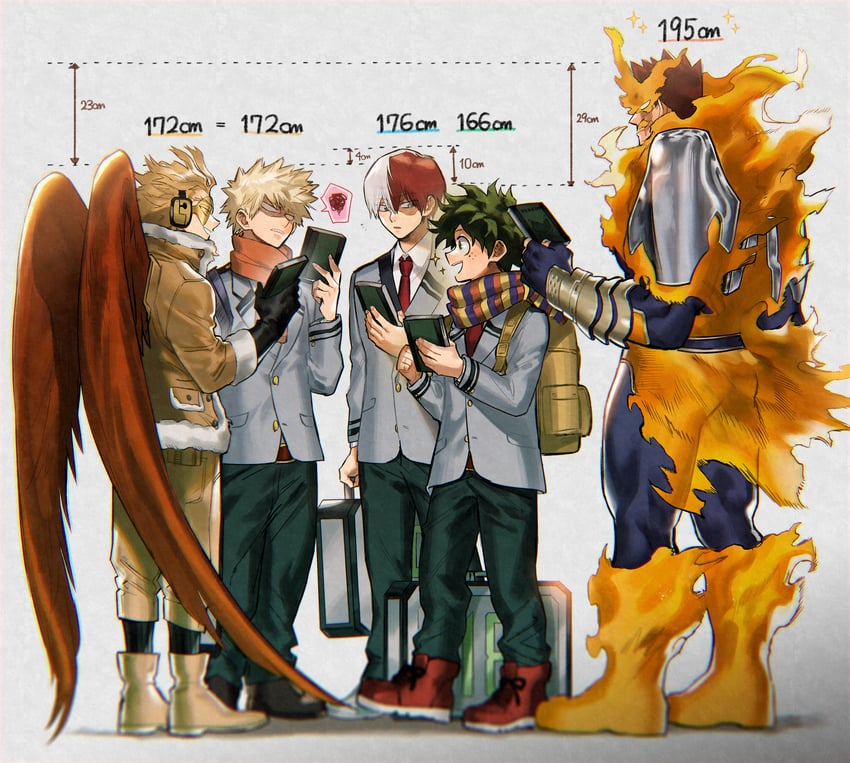 midoriya izuku, bakugou katsuki, todoroki shoto, endeavor, and hawks (boku no hero academia) drawn by sennen_suisei
