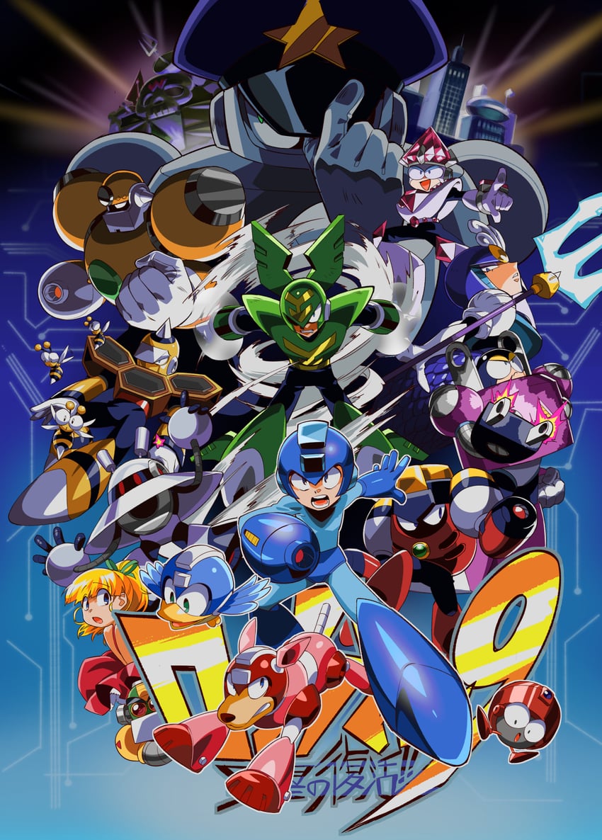 roll, mega man, rush, splash woman, beat, and 10 more (mega man and 1 more) drawn by yojio_(2188)