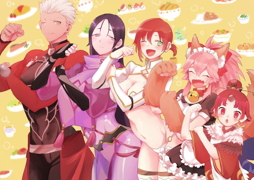 tamamo, archer, minamoto no raikou, tamamo cat, boudica, and 1 more (fate and 2 more) drawn by takashi_(onikukku)