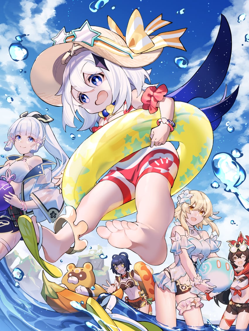 lumine, paimon, and kamisato ayaka (genshin impact) drawn by hizuki_miya