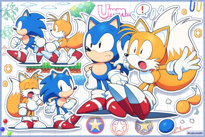 sonic the hedgehog, tails, classic sonic, and classic tails (sonic and 1 more) drawn by show_chiku-by