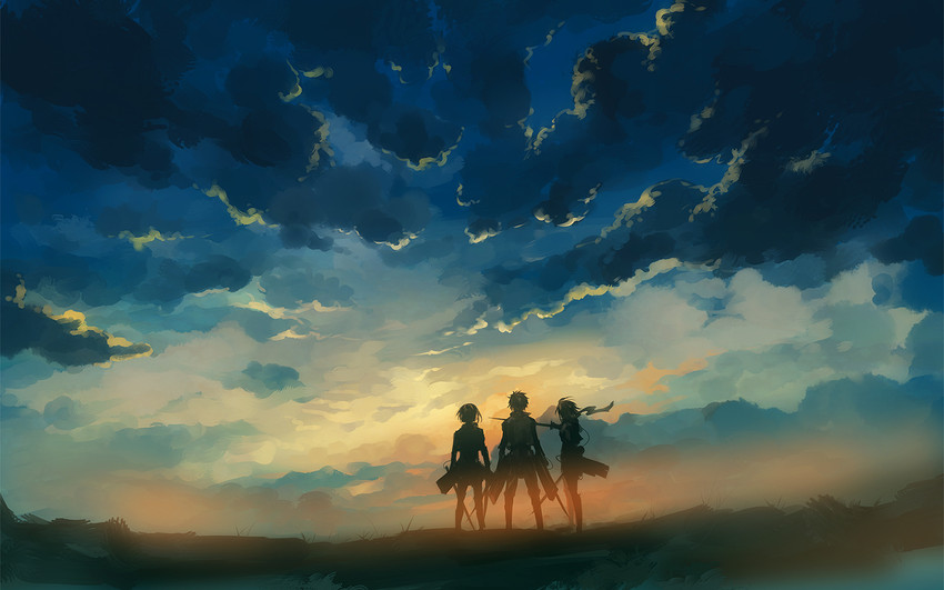 mikasa ackerman, eren yeager, and armin arlert (shingeki no kyojin) drawn by nuriko-kun
