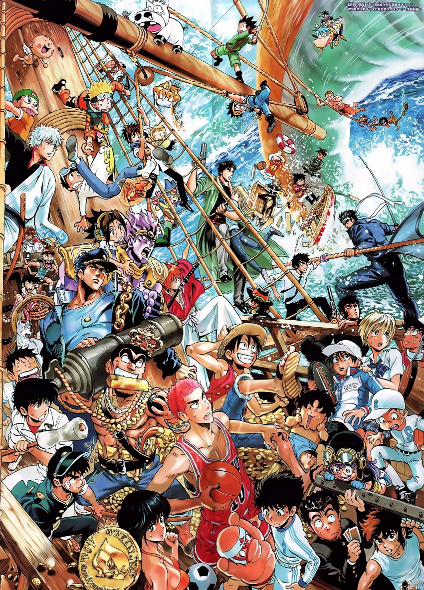 kujo jotaro, monkey d. luffy, uzumaki naruto, sakata gintoki, gon freecss, and 41 more (jojo no kimyou na bouken and 44 more) drawn by murata_yuusuke