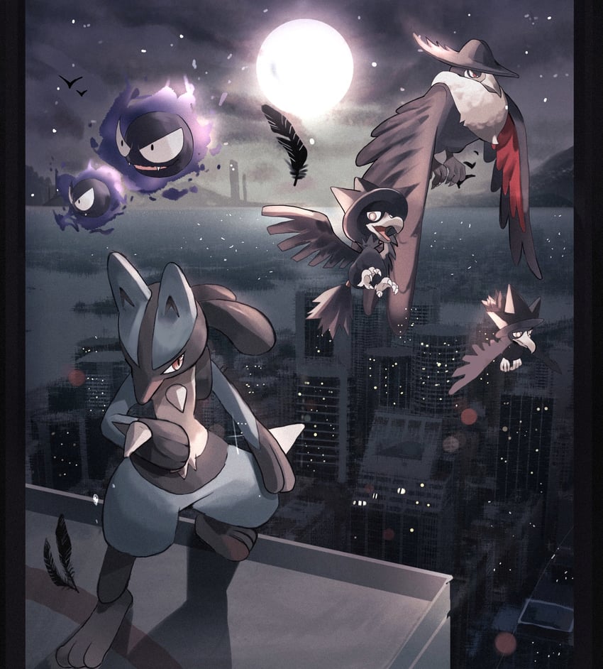 lucario, gastly, murkrow, and honchkrow (pokemon) drawn by reo_(mmocc123)