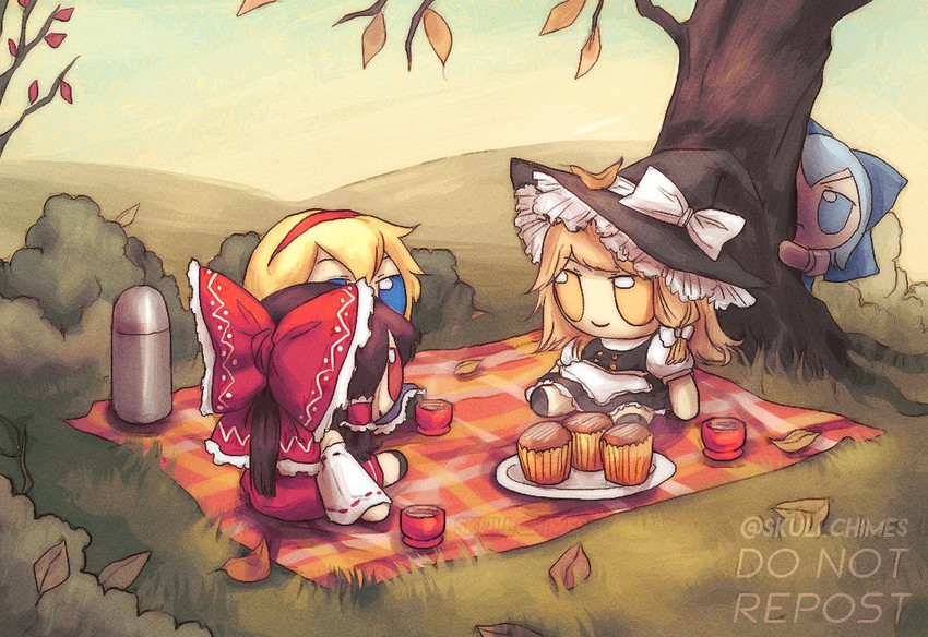 hakurei reimu, kirisame marisa, cirno, and alice margatroid (touhou) drawn by skullchimes