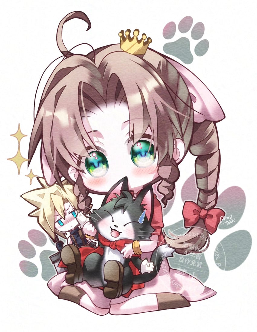 cloud strife, aerith gainsborough, and cait sith (final fantasy and 3 more) drawn by arestear0701