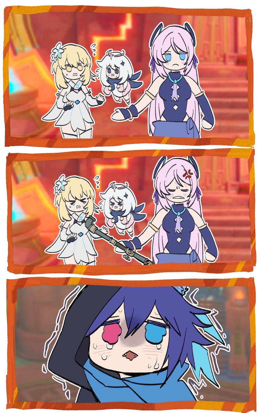 lumine, paimon, citlali, and ororon (genshin impact) drawn by he_ze