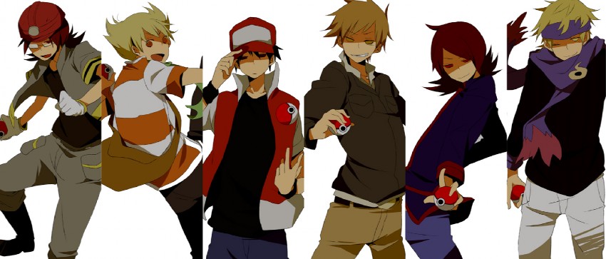 red, blue oak, silver, barry, morty, and 1 more (pokemon and 3 more) drawn by kinari