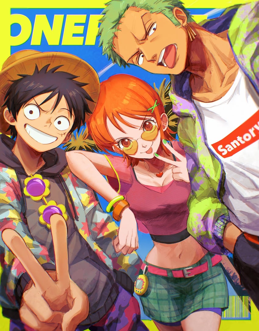 nami, monkey d. luffy, and roronoa zoro (one piece) drawn by oekakiboya