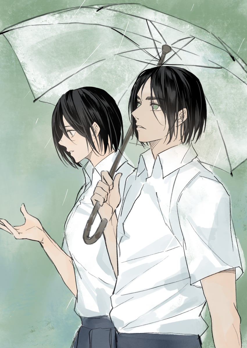 mikasa ackerman and eren yeager (shingeki no kyojin) drawn by zhuse_fuxianqing