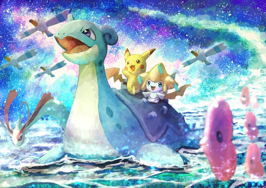 pikachu, jirachi, lapras, milotic, wingull, and 2 more (pokemon) drawn by pajaro