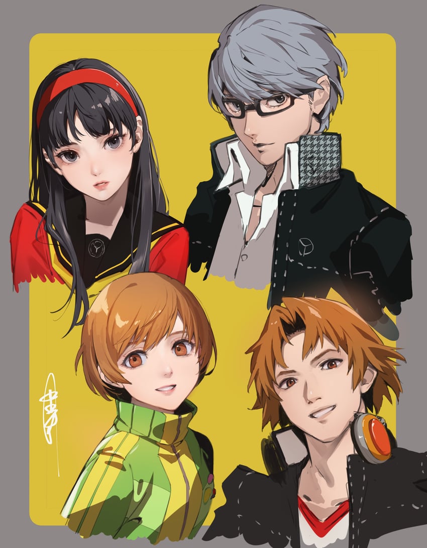 narukami yu, satonaka chie, amagi yukiko, and hanamura yousuke (persona and 1 more) drawn by nakano_maru