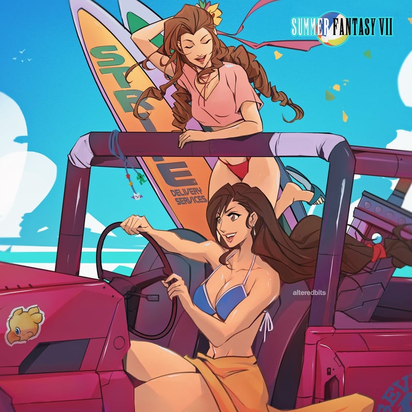 tifa lockhart, aerith gainsborough, moogle, and sabotender (final fantasy and 1 more) drawn by alteredbits