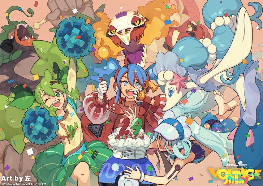 hatsune miku, primarina, rillaboom, skeledirge, water miku, and 2 more (pokemon and 2 more) drawn by hidari_(left_side)