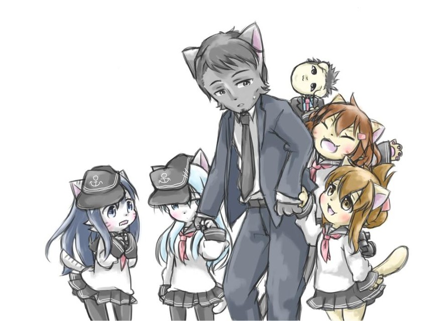 hibiki, inazuma, ikazuchi, akatsuki, karasawa takahiro, and 1 more (kantai collection and 1 more) drawn by roxanne_max
