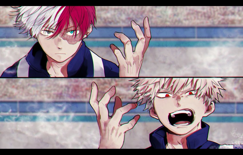 bakugou katsuki and todoroki shoto (boku no hero academia) drawn by and_rira
