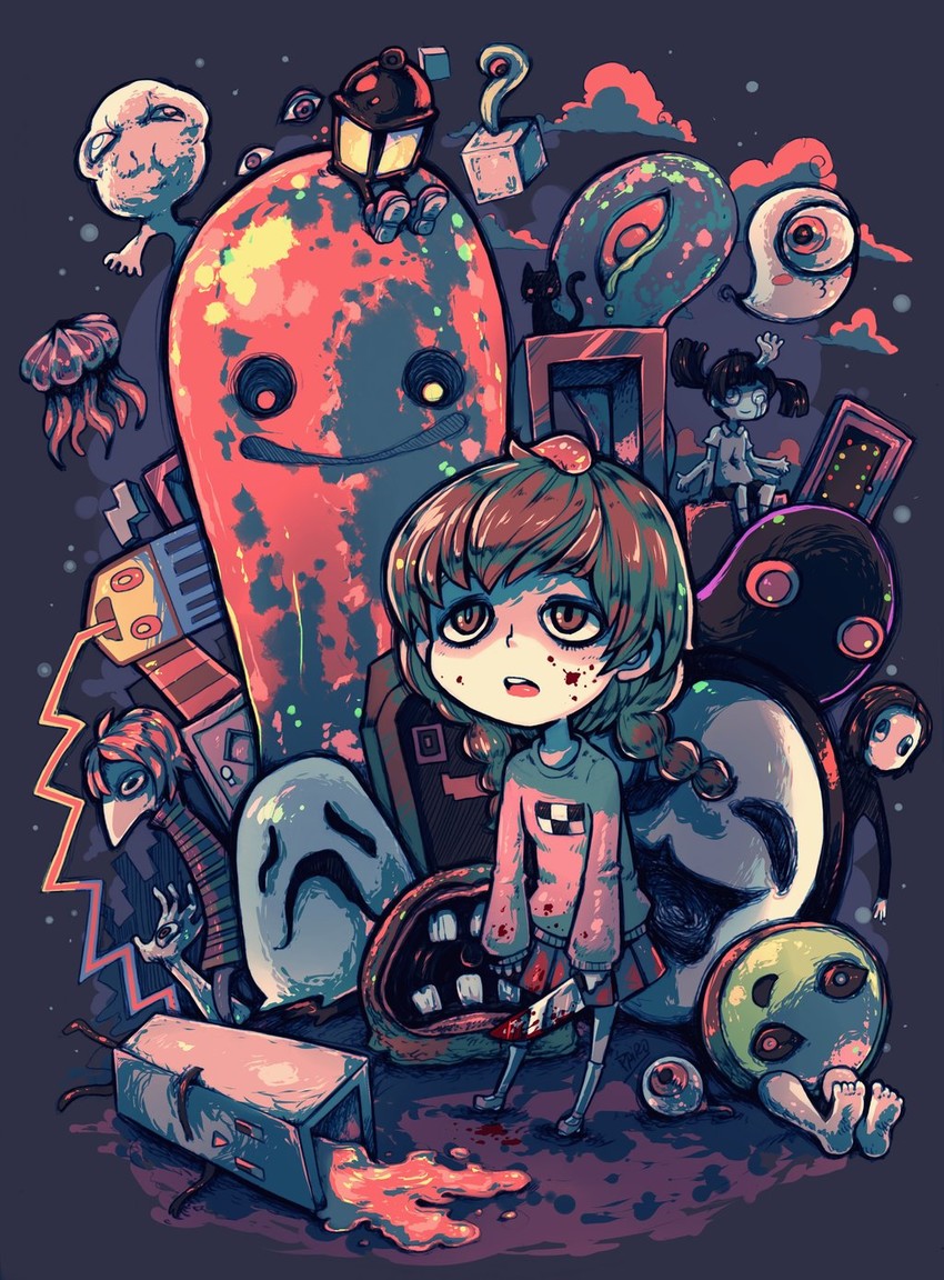 madotsuki, monoko, uboa, sekomumasada sensei, kyukkyu-kun, and 4 more (yume nikki) drawn by parororo
