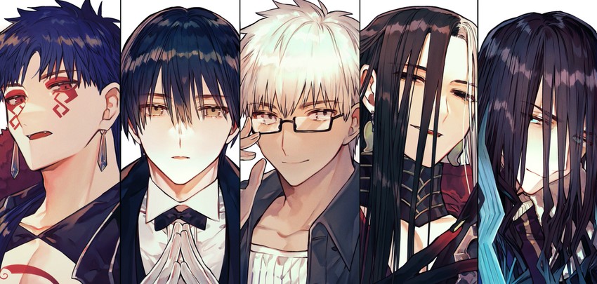 cu chulainn, archer, ashiya douman, cu chulainn alter, sherlock holmes, and 1 more (fate and 2 more) drawn by albino_(a1b1n0623)