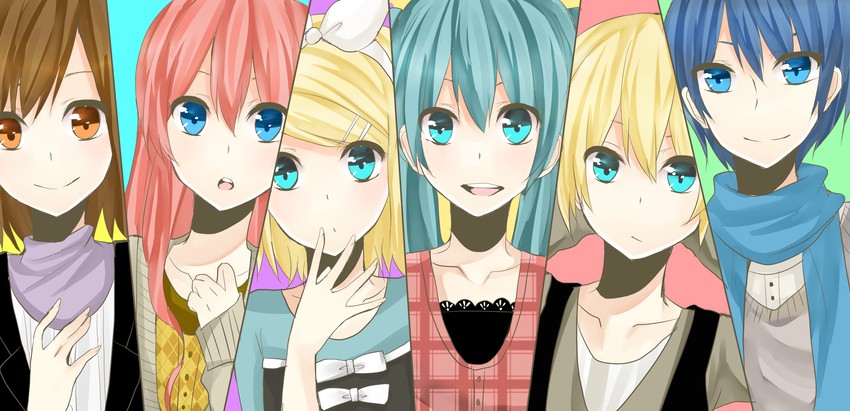 hatsune miku, kagamine rin, kagamine len, megurine luka, kaito, and 1 more (vocaloid) drawn by minazuki_(0038)