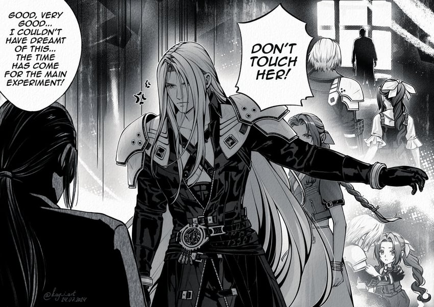 aerith gainsborough, sephiroth, and professor houjou (final fantasy and 4 more) drawn by kay-i