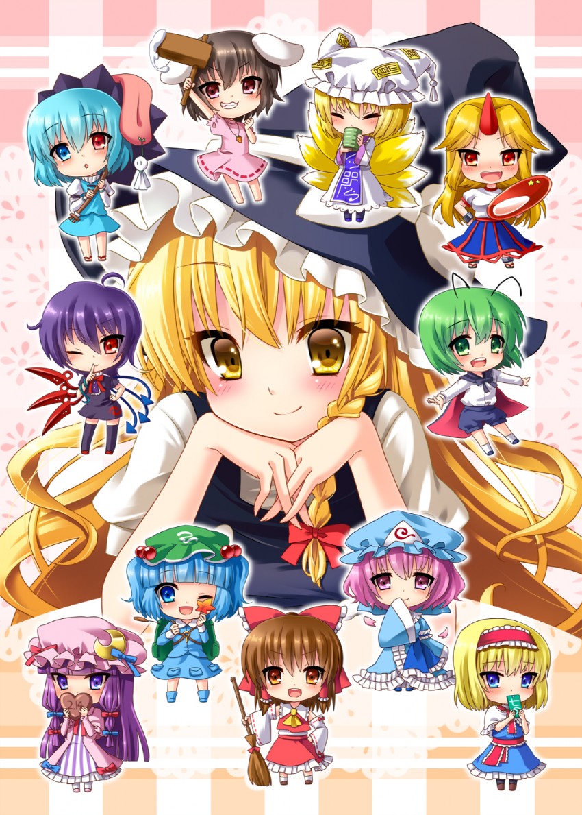 hakurei reimu, kirisame marisa, alice margatroid, patchouli knowledge, saigyouji yuyuko, and 7 more (touhou) drawn by momojiri_aya