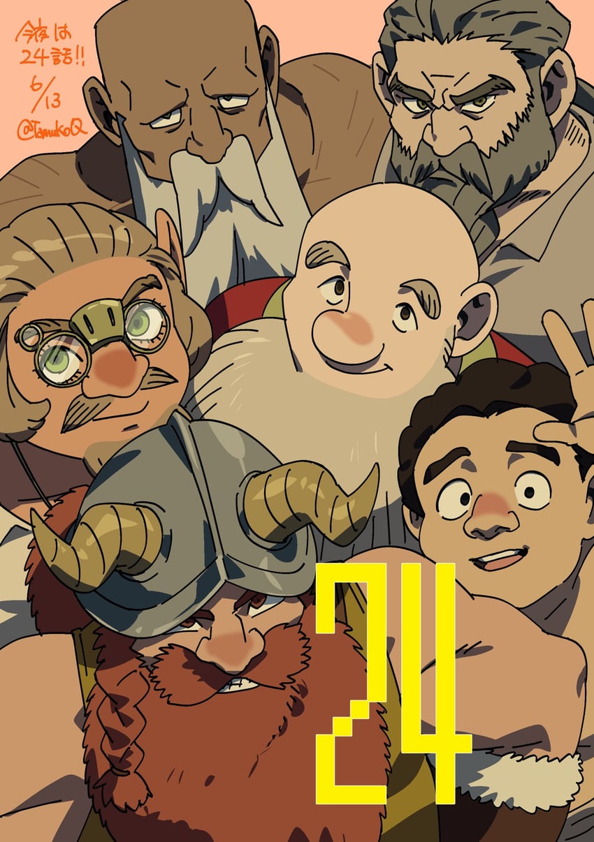 senshi, gillin of izganda, invar of izganda, brigan of izganda, totan of dozahk, and 1 more (dungeon meshi) drawn by tamura_eimi