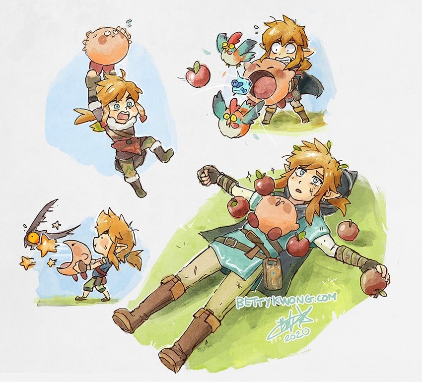 link, kirby, cucco, and keese (the legend of zelda and 3 more) drawn by bettykwong