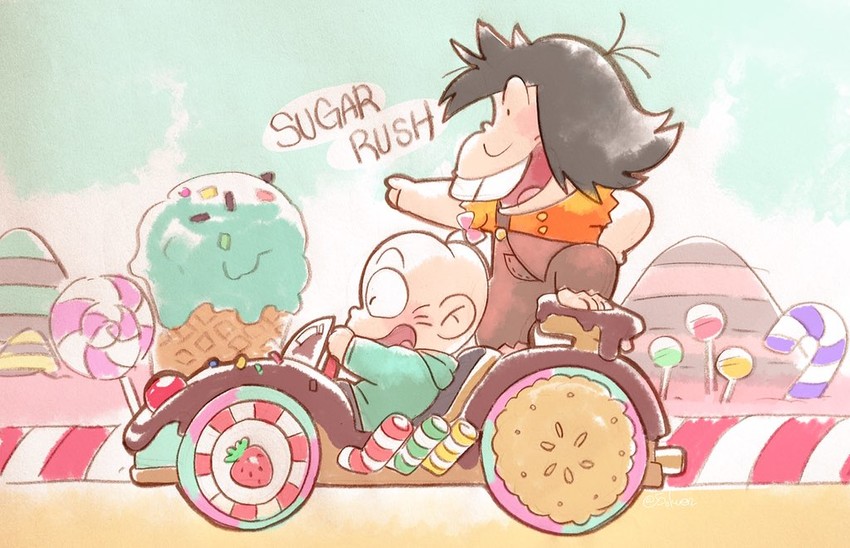 chibita, iyami, vanellope von schweetz, and wreck-it ralph (osomatsu and 2 more) drawn by matsumoto_(5okuen)