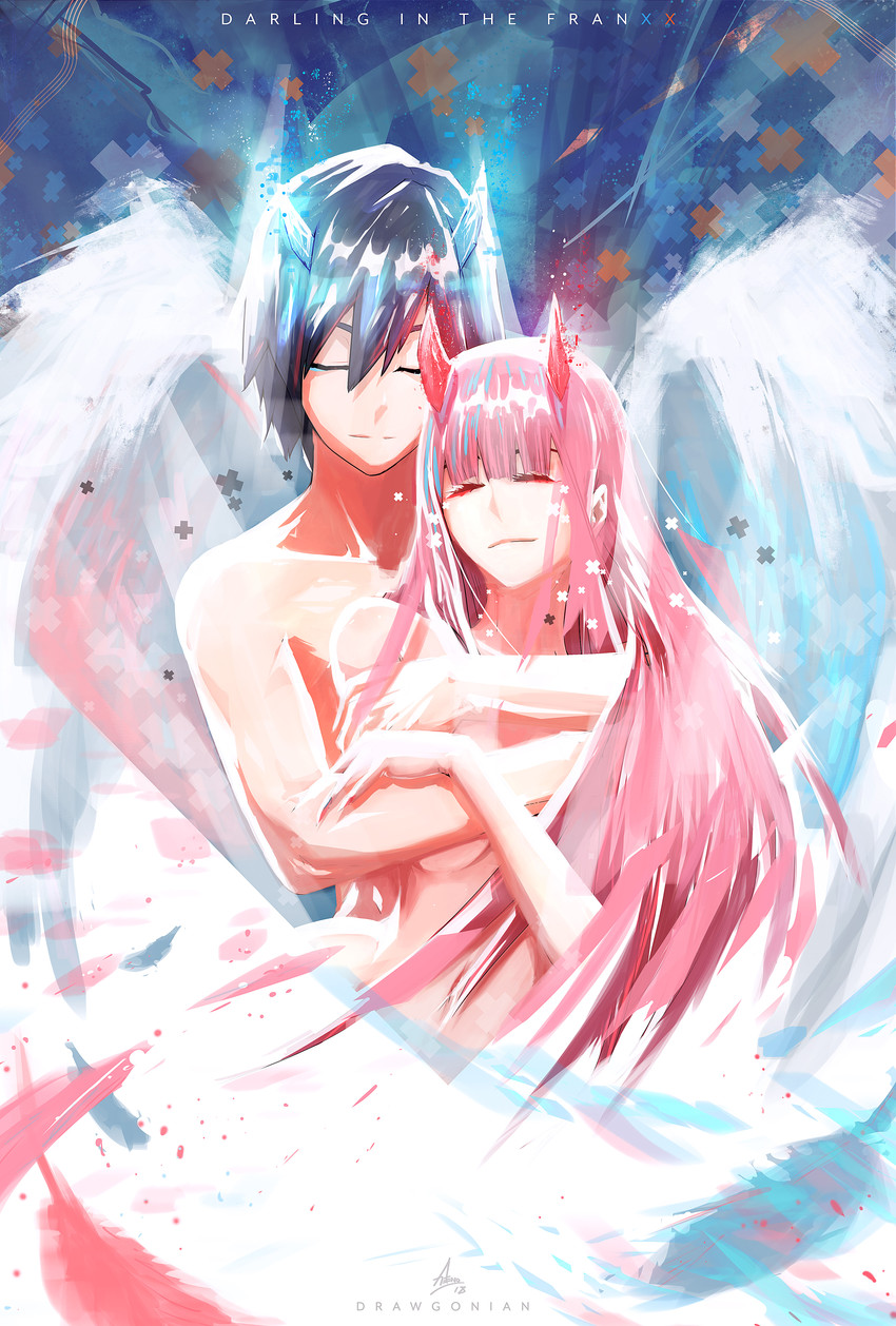 zero two and hiro (darling in the franxx) drawn by drawgonian