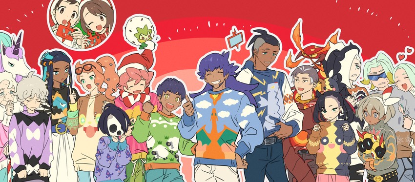 marnie, gloria, rotom, leon, raihan, and 27 more (pokemon and 1 more) drawn by namakawa