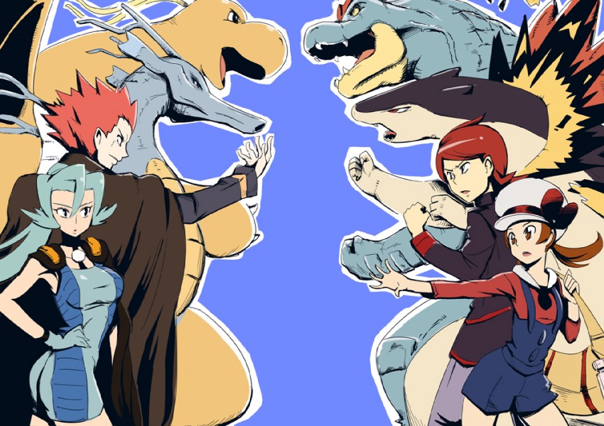 lyra, silver, dragonite, lance, typhlosion, and 3 more (pokemon and 1 more) drawn by arasumi_shii