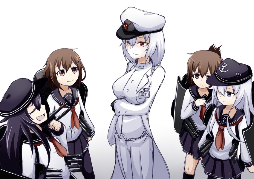 hibiki, inazuma, ikazuchi, akatsuki, female admiral, and 1 more (kantai collection) drawn by ogawa_shou