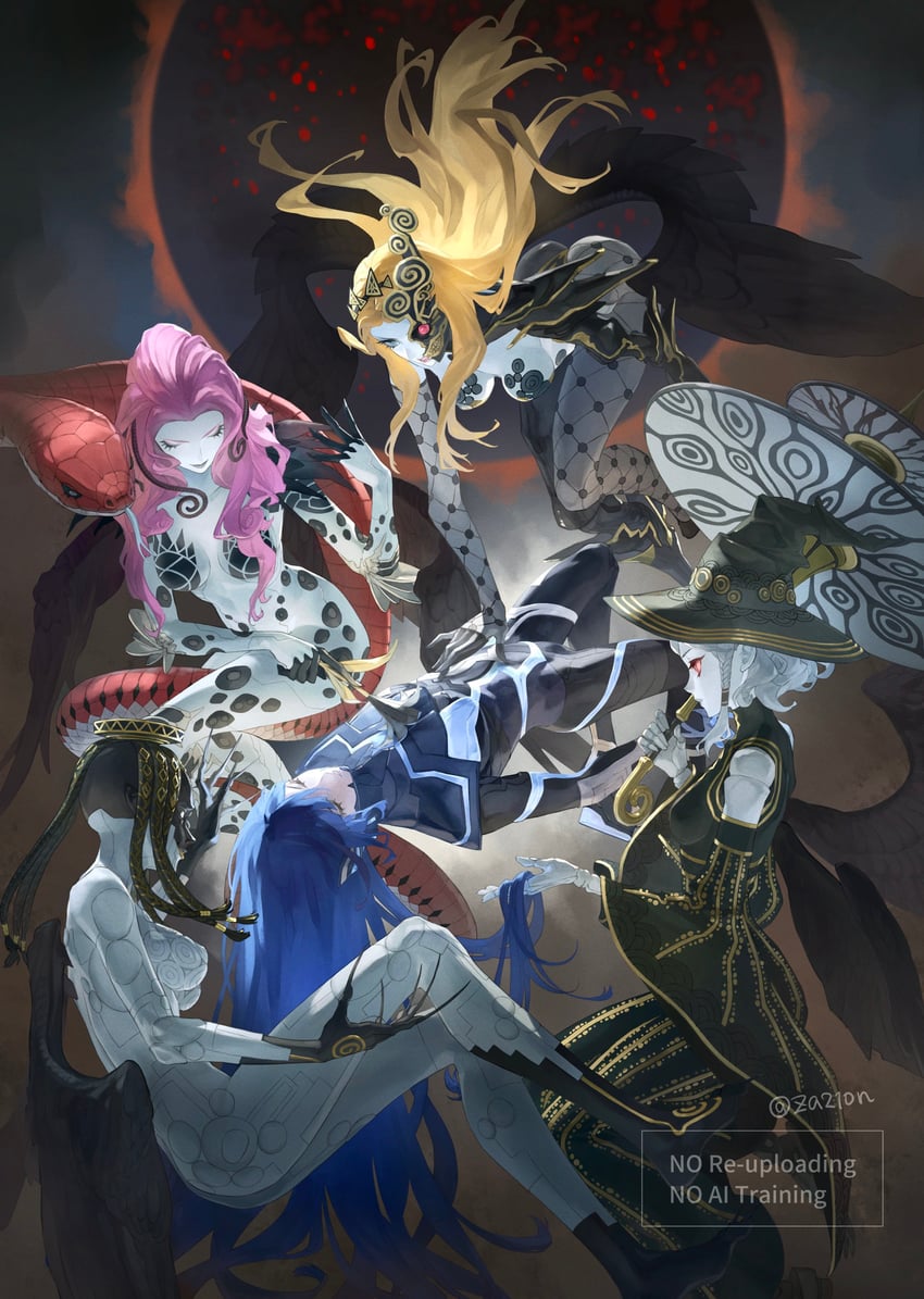protagonist, agrat bat mahlat, lilith, naamah, and eisheth zenunim (shin megami tensei and 2 more) drawn by za210n